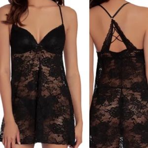 Linea Donatella Floral Stretch Lace Babydoll Nightgown Black size XL NEW